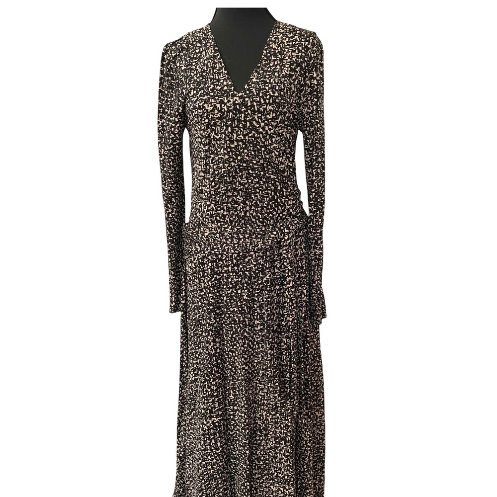 Talbots Faux Wrap Dress Women 6 Black Beige Abstract‎ Rayon Long Sleeve V-Neck
